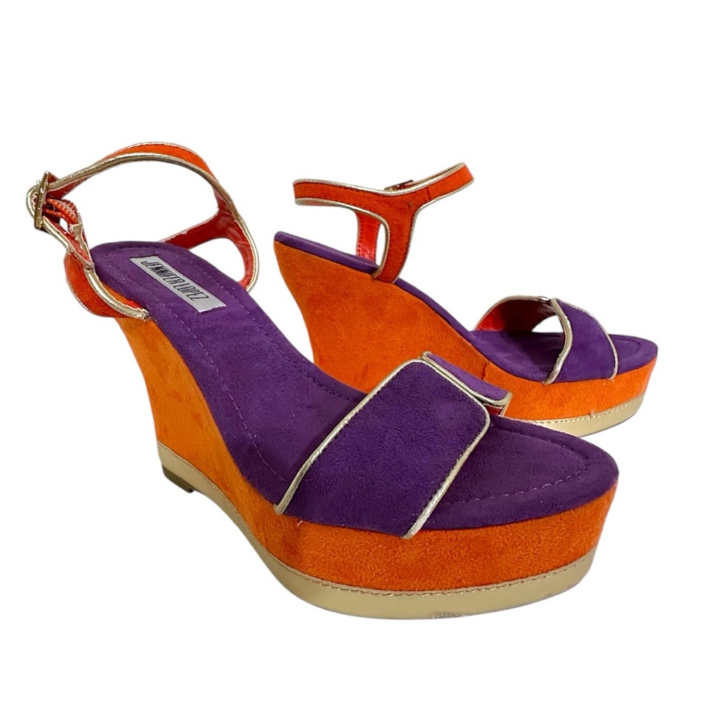 Jennifer Lopez Purple Orange Suede Platform Wedge Sandals Gold Trim Size 6.5 - Picture 1 of 10